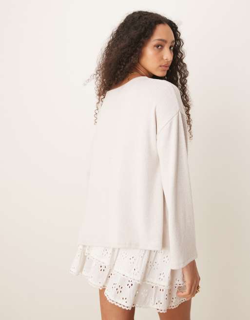 ASOS DESIGN textured knit hanky hem long sleeve tee in stone