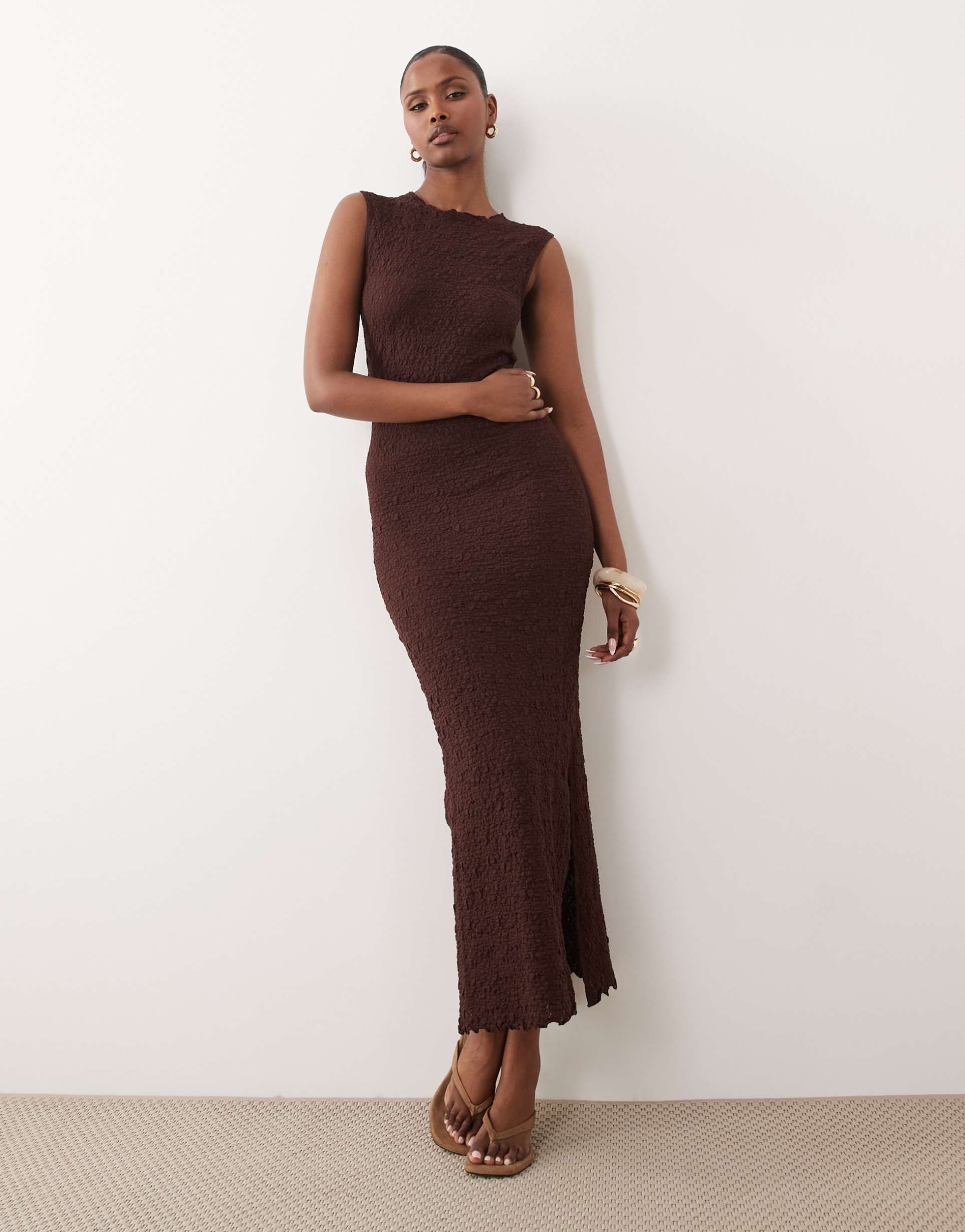 asos design textured knit midi dress in brown