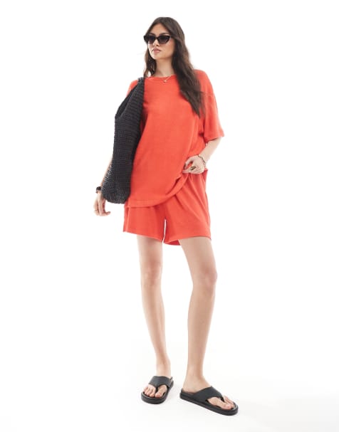 ASOS DESIGN textured knit oversized t-shirt and shorts in red - view 1