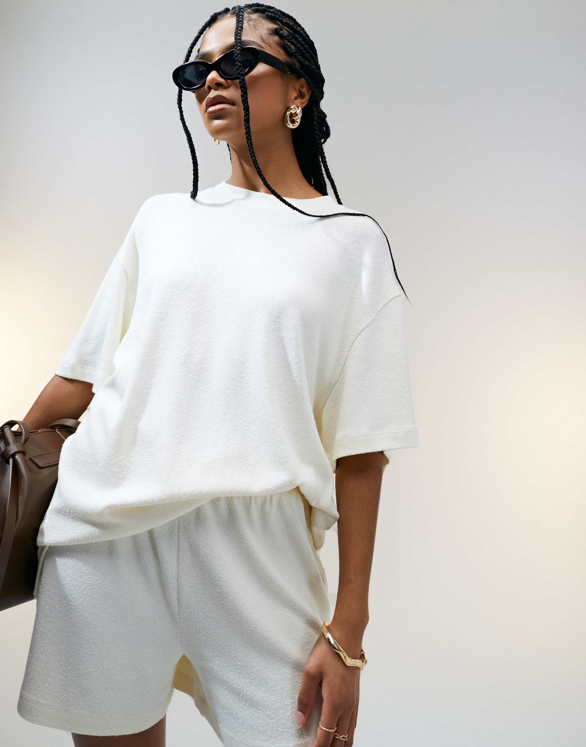 asos design textured knit oversized t-shirt in cream