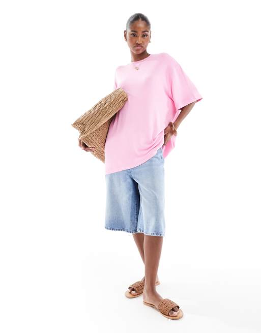 ASOS DESIGN textured knit oversized t-shirt in pink, 3 of 4