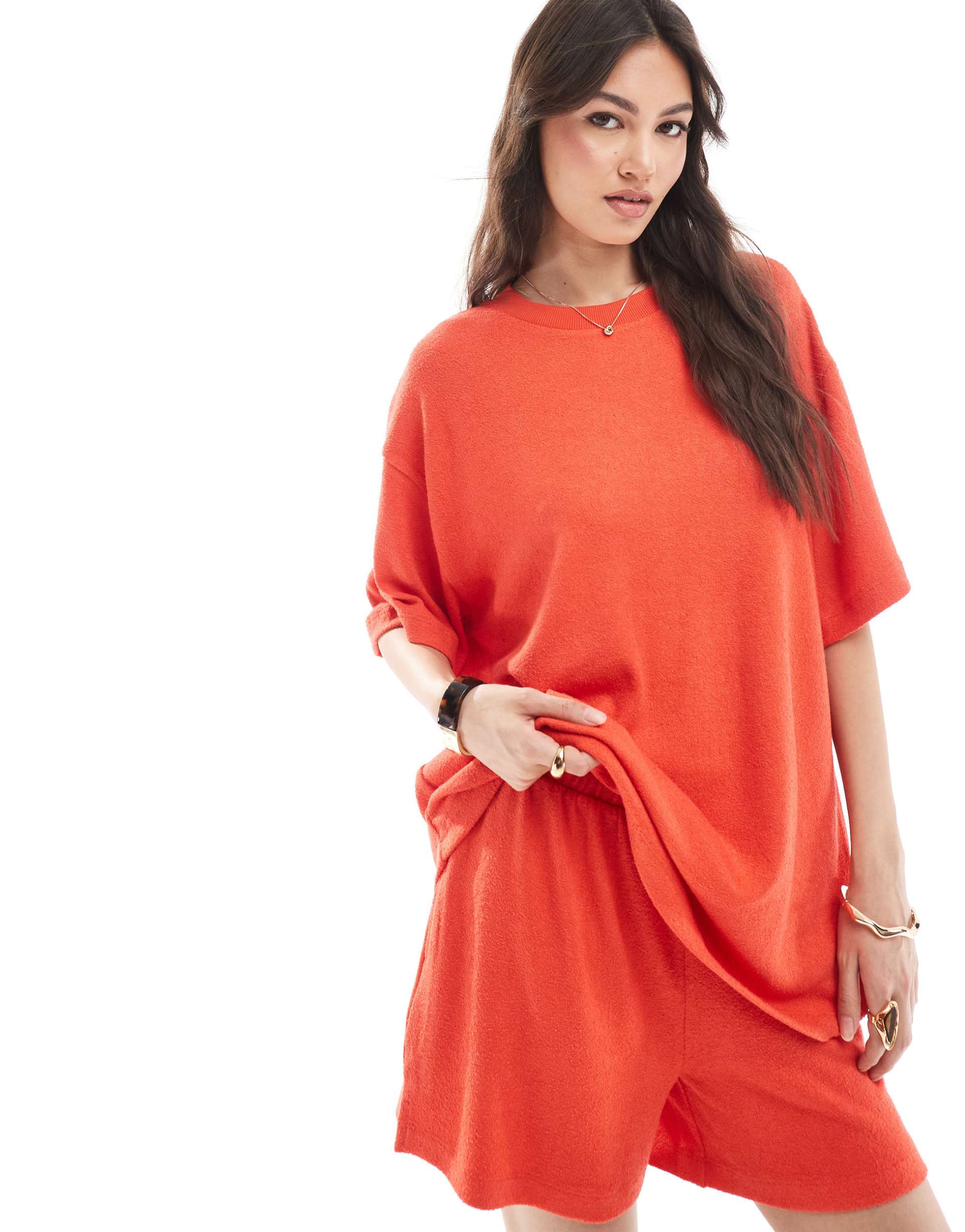 asos design textured knit oversized t-shirt in red