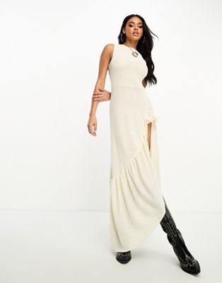 ASOS DESIGN textured knit racer maxi dress with corsage with ecru