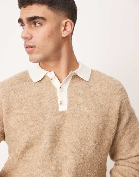 ASOS DESIGN textured knit relaxed rugby polo sweater in stone brown - view 1
