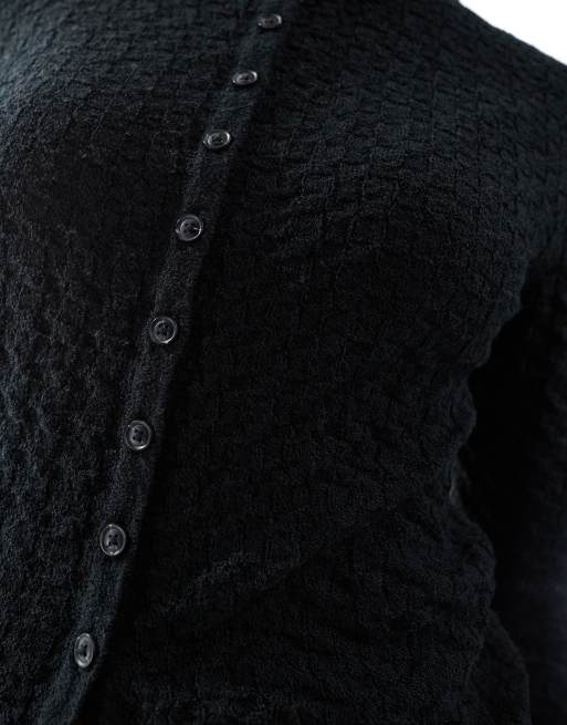 ASOS DESIGN textured knit stitch detail crew neck cardigan in black