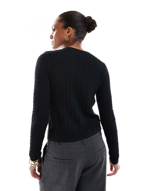 ASOS DESIGN textured knit stitch detail crew neck cardigan in black