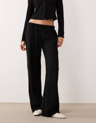 Asos Design Textured Knit Straight Leg Pants With Tie Waist In Black