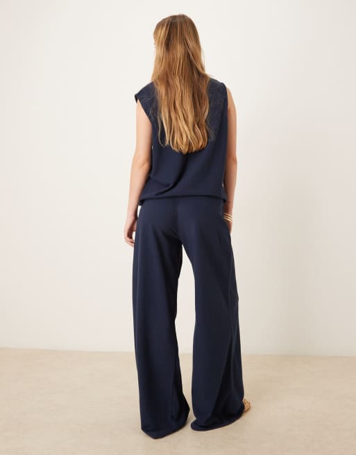 ASOS DESIGN textured knit wide leg co-ord trouser in navy, 4 of 5