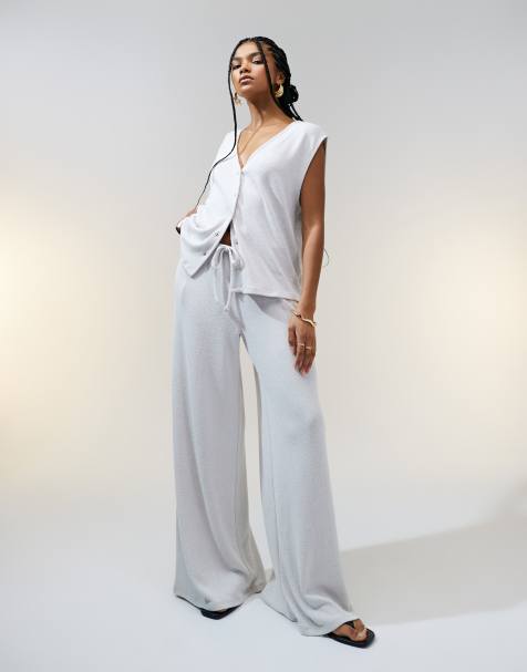 ASOS DESIGN textured knit wide leg co-ord trouser in stone