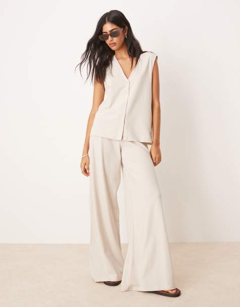 ASOS DESIGN textured knit wide leg co-ord trouser in stone - view 1