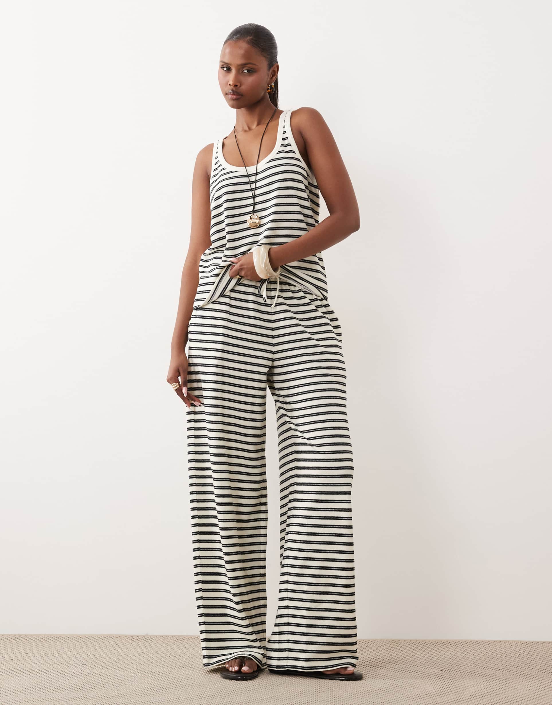 asos design textured knit wide leg pants in black and white stripes - part of a set