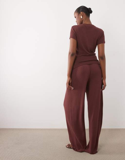 ASOS DESIGN textured knit wide leg pants in choc (part of a set), 4 of 5