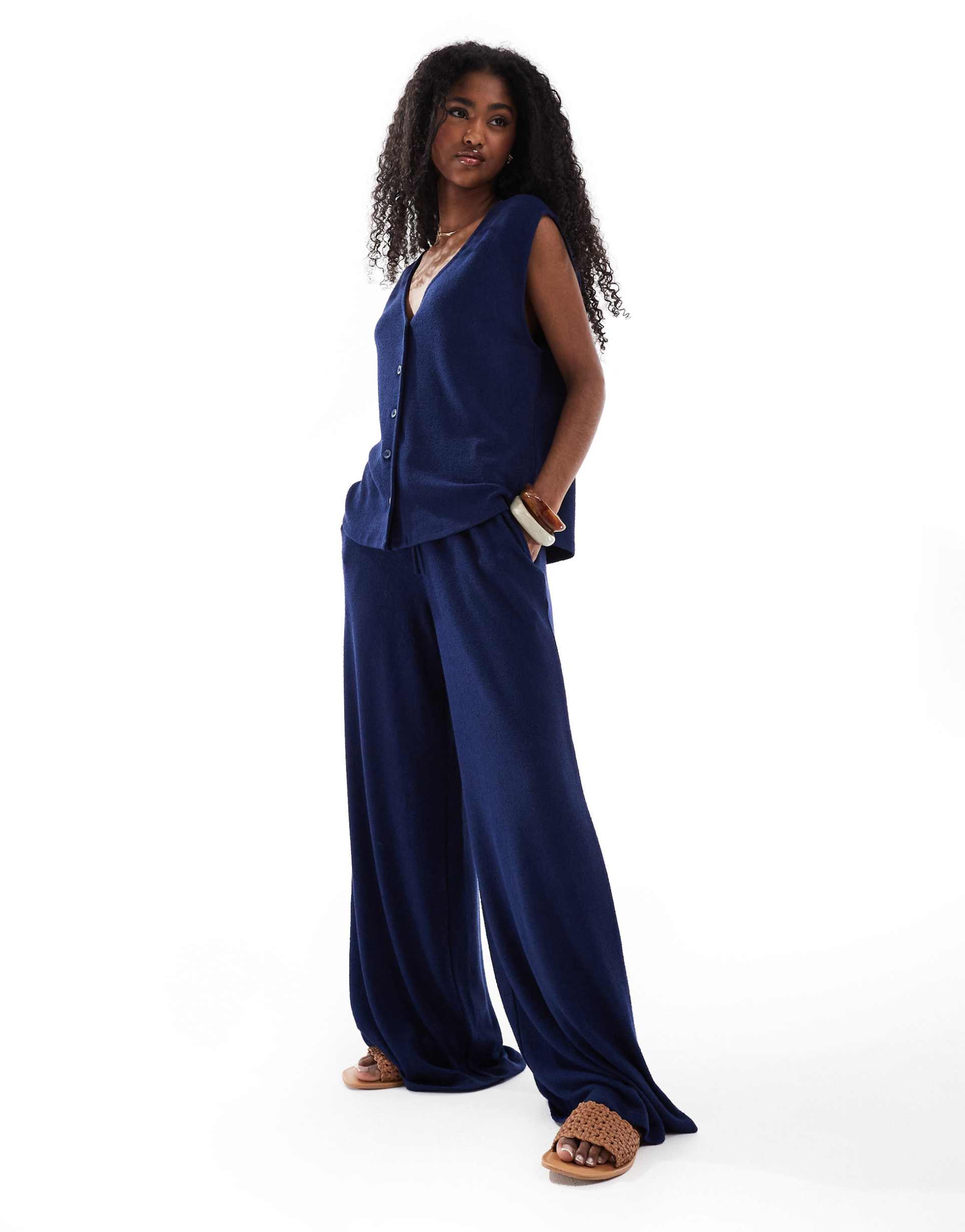 asos design textured knit wide leg pants in navy - part of a set