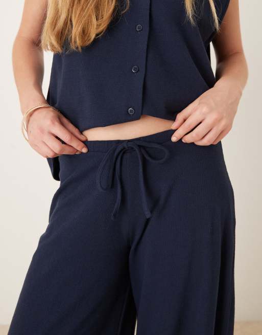 ASOS DESIGN textured knit wide leg pants in navy (part of a set), 3 of 5