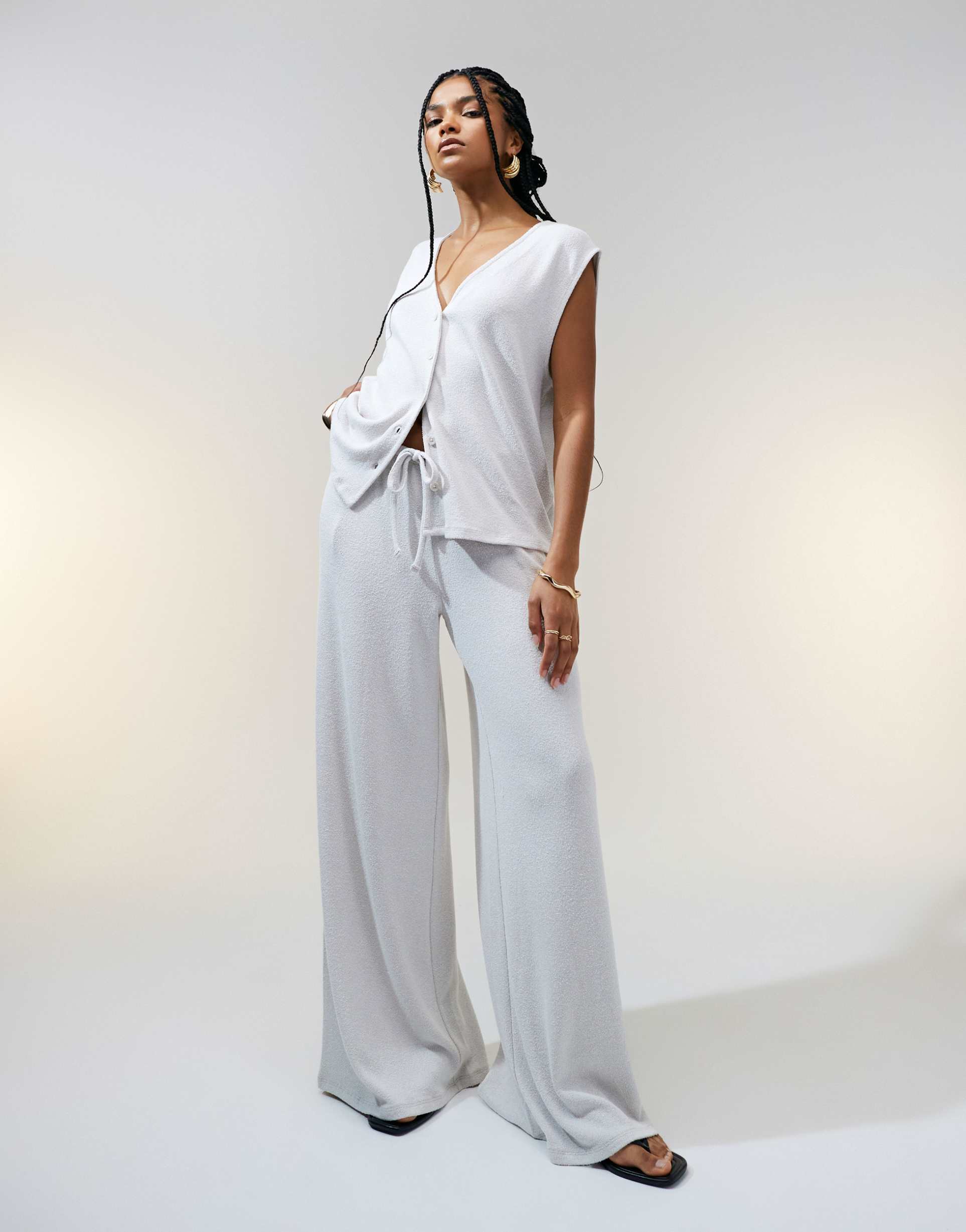 asos design textured knit wide leg pants in stone - part of a set