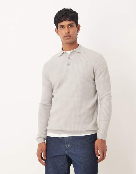 ASOS DESIGN textured knitted polo shirt in grey - view 1