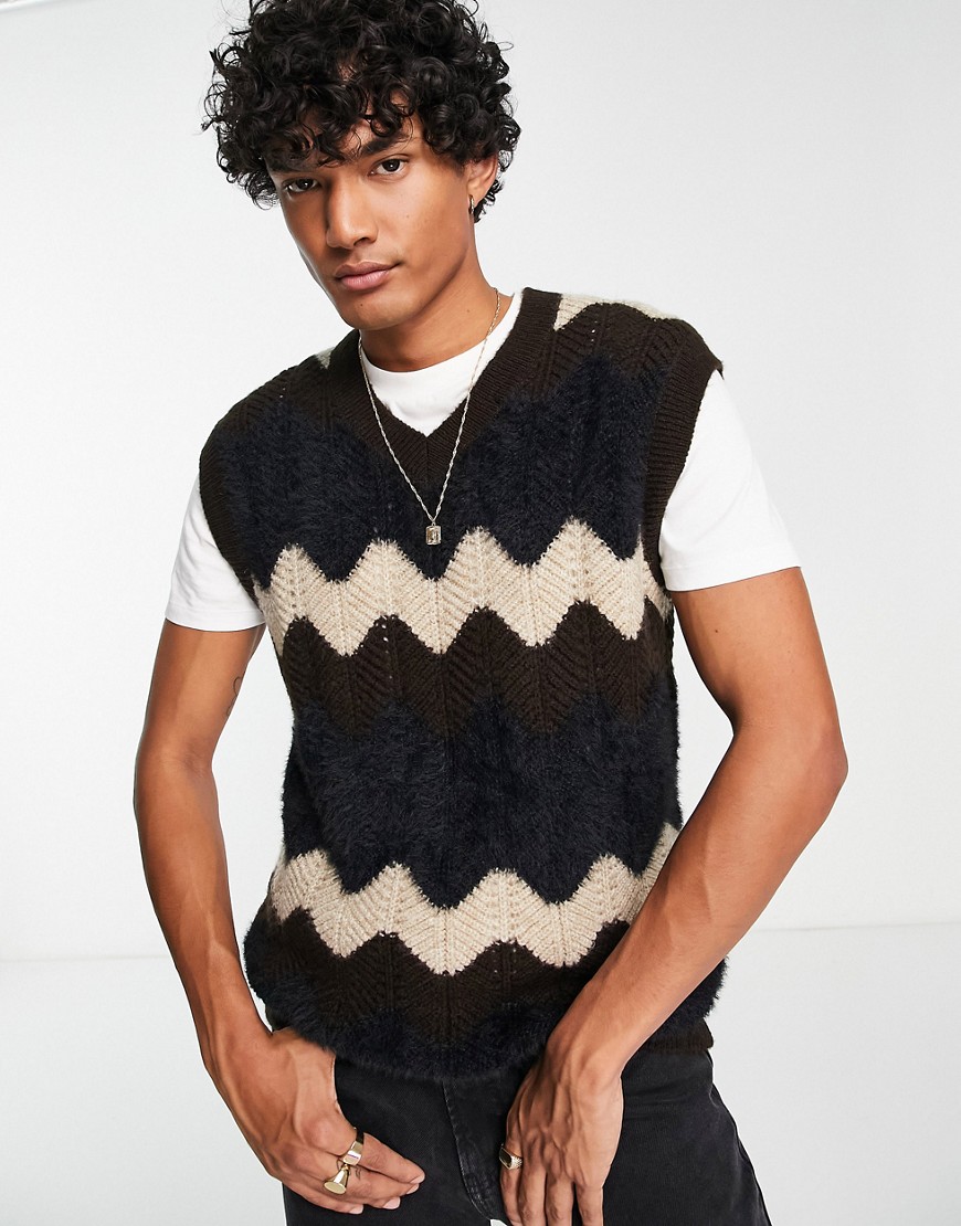 Asos Design Textured Knitted Tank With Zig Zag Detail In Black