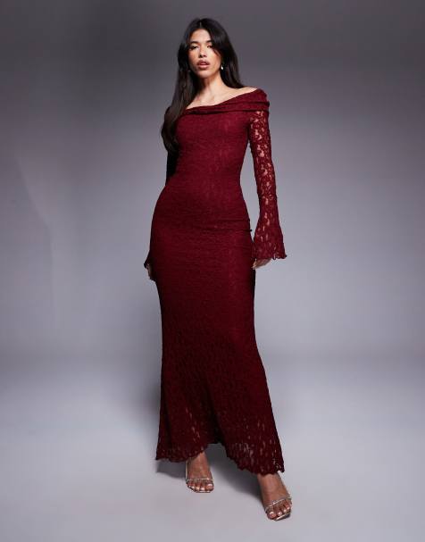 ASOS DESIGN textured lace bardot maxi dress in dark cherry - view 1