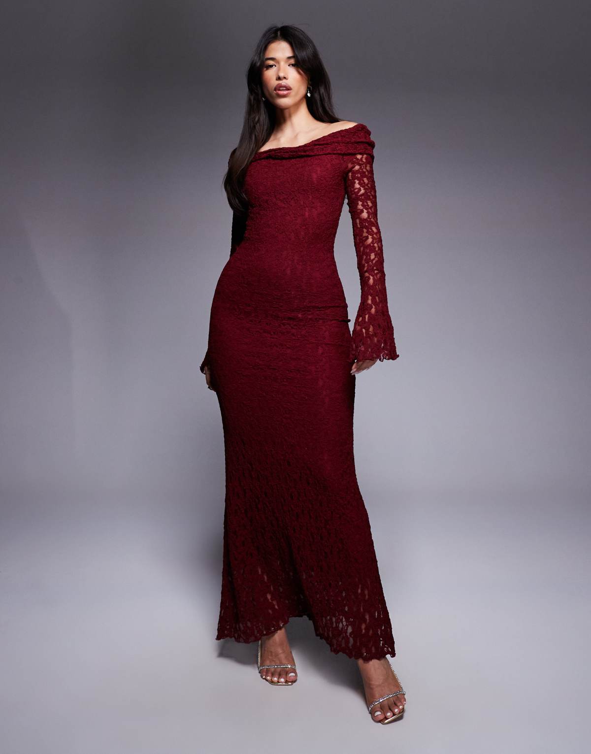 ASOS DESIGN textured lace bardot maxi dress in dark cherry