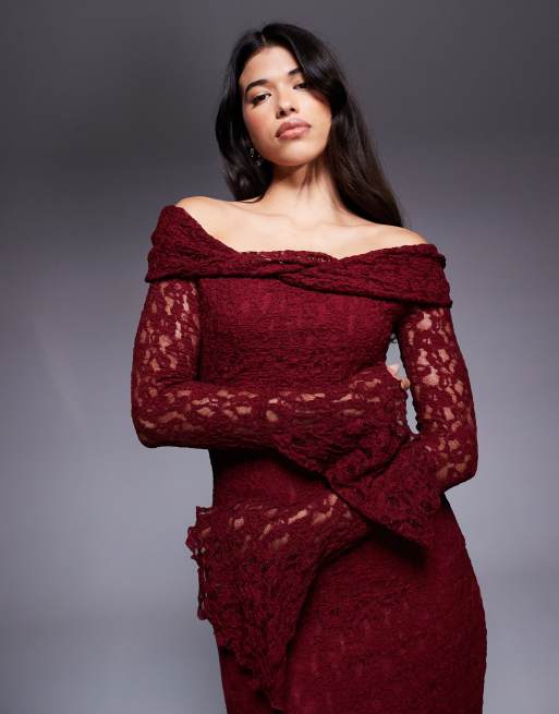 ASOS DESIGN textured lace bardot maxi dress in dark cherry