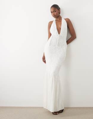 Asos Design Textured Lace Cinched Waist Corset Detail Maxi Dress With Fishtail Hem In White