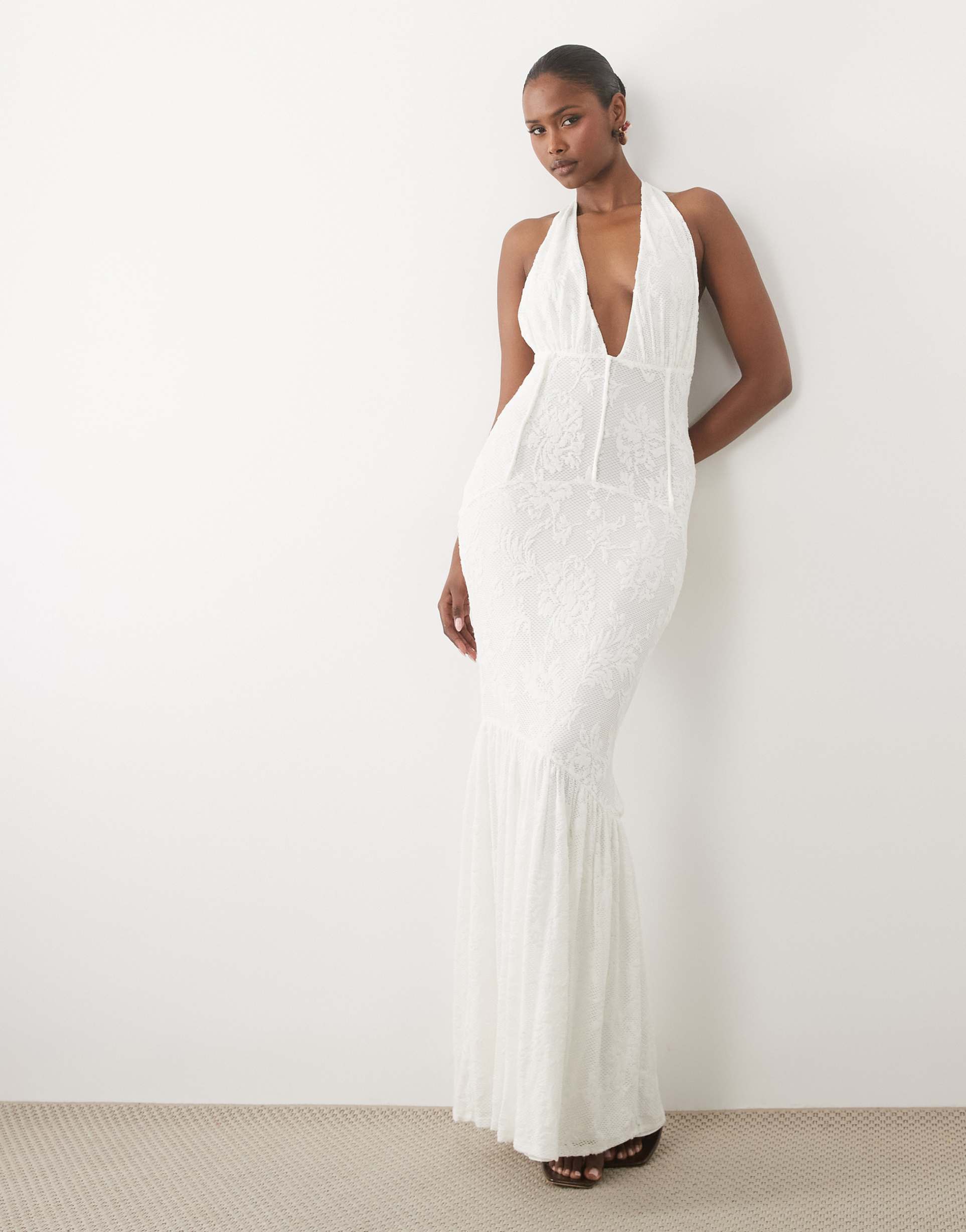 asos design textured lace cinched waist corset detailing maxi dress with fishtail hem in cream
