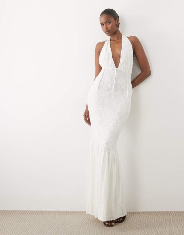 ASOS DESIGN textured lace cinched waist corset detailing maxi dress with fishtail hem in cream
