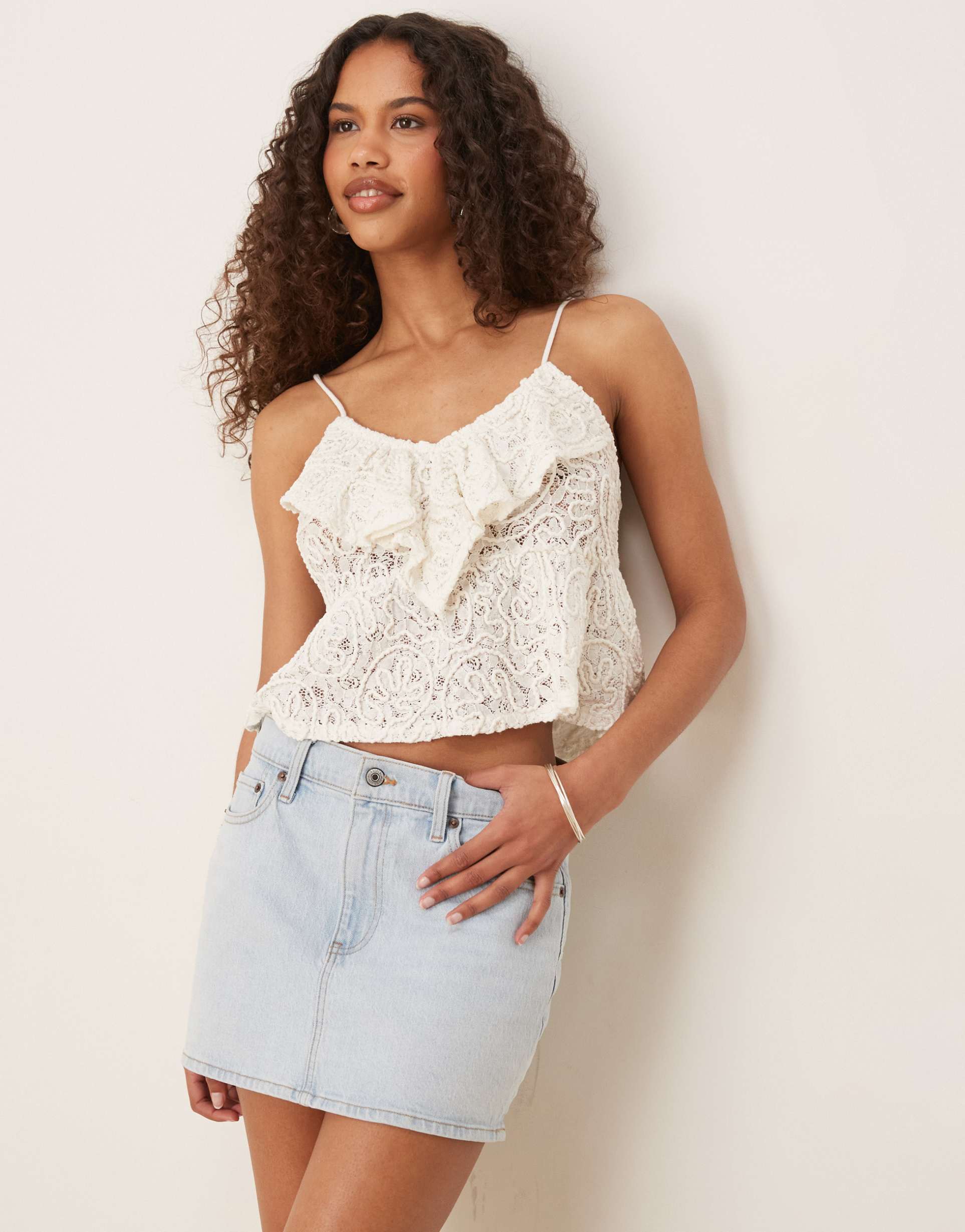 asos design textured lace frill detail tie back cami top in white