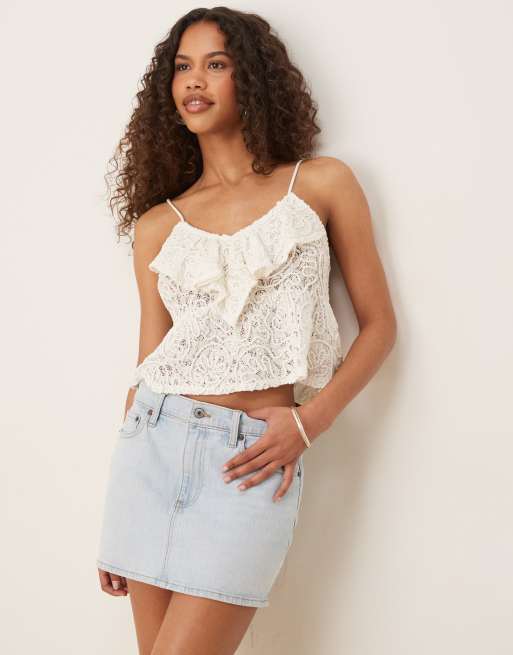 ASOS DESIGN textured lace frill detail tie back cami top in white, 3 of 4