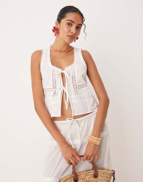 ASOS DESIGN textured lace insert tie front beach top in white