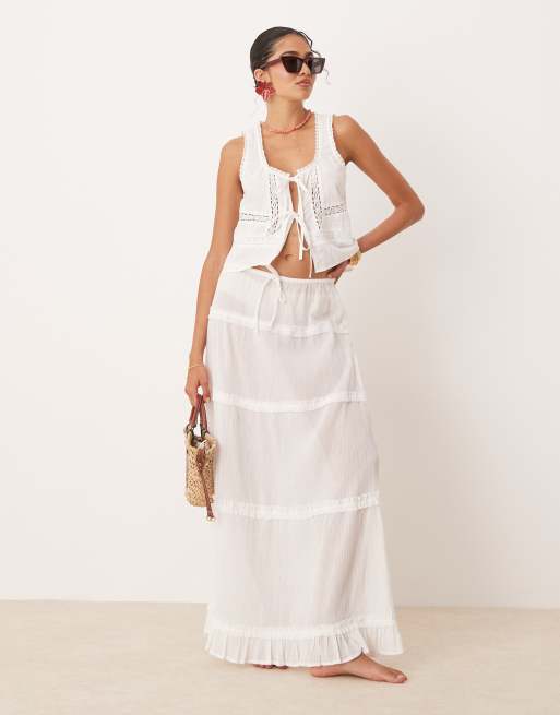 ASOS DESIGN textured lace insert tie front beach top in white, 2 of 4