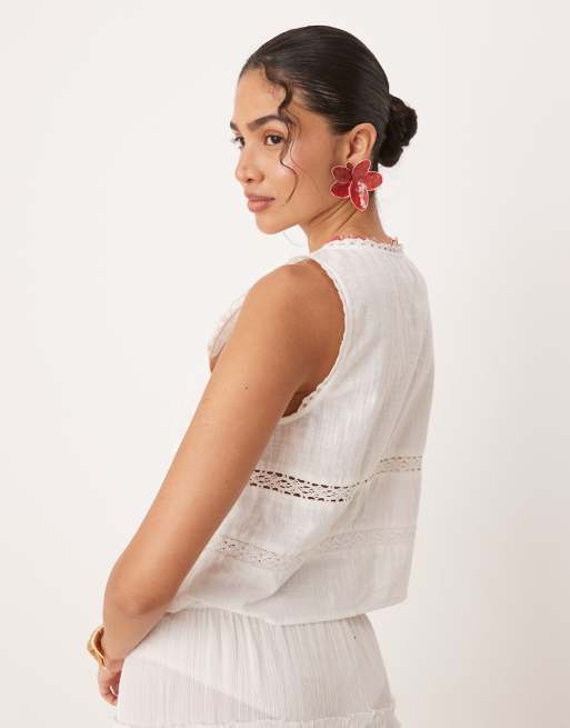 ASOS DESIGN textured lace insert tie front beach top in white, 3 of 4