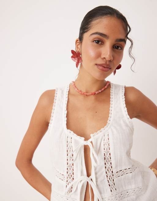 ASOS DESIGN textured lace insert tie front beach top in white, 4 of 4