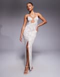 [ASOS DESIGN] ASOS DESIGN textured lace maxi dress with gold hardware in cream-White 16 Cream
