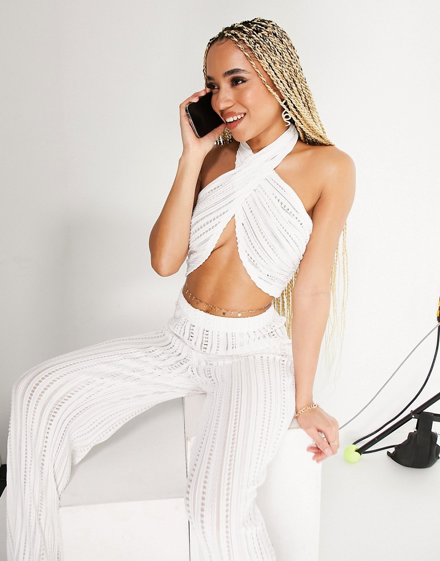 ASOS DESIGN textured lace multiway crop top co ord in white