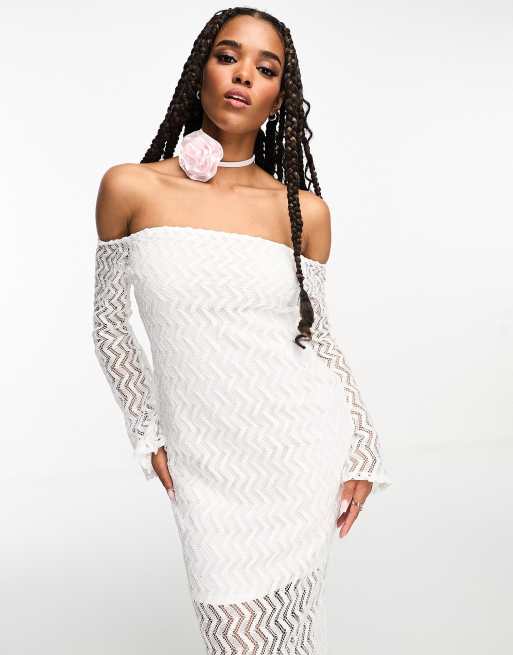 White lace off the shoulder 2024 midi dress