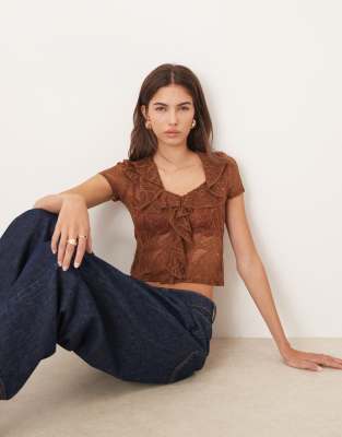 Asos Design Textured Lace Ruffle Front Top In Brown