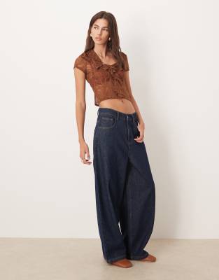 Asos Design Textured Lace Ruffle Front Top In Brown