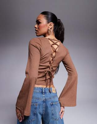 Asos Design Textured Lace Up Back Fluted Sleeve Top In Brown