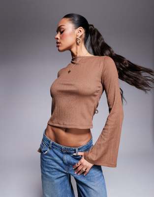 Asos Design Textured Lace Up Back Fluted Sleeve Top In Brown