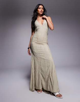 Asos Design Textured Laddered Tie Back Maxi Dress In Green