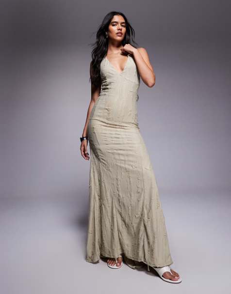 ASOS DESIGN textured laddered tie back maxi dress in stone - view 1