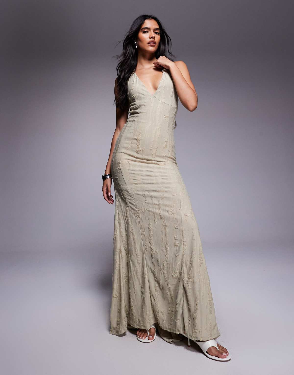 ASOS DESIGN textured laddered tie back maxi dress in stone