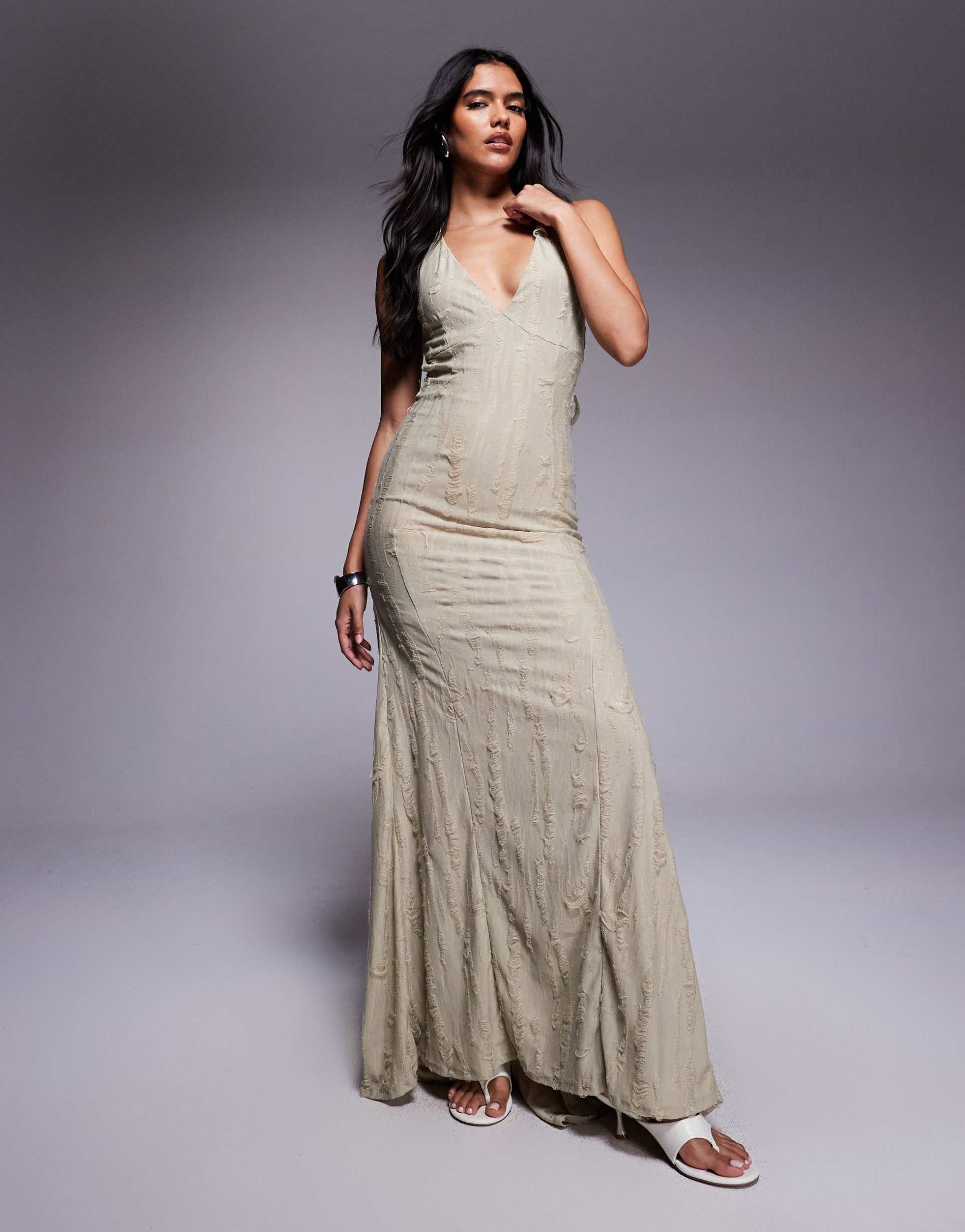 asos design textured laddered tie back maxi dress in stone