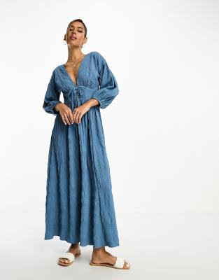 asos design textured lattice detail midi dress in slate blue