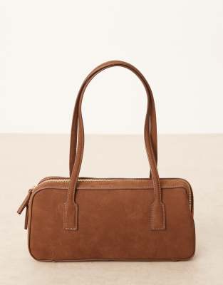 Asos Design Textured Leather Elongated Bowler Bag In Brown
