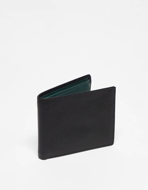ASOS DESIGN textured leather wallet with contrast in black and green ASOS