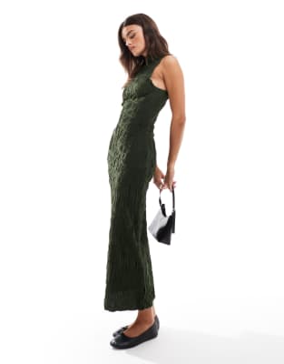 Asos Design Textured Lettuce Hem Midi Dress In Olive-green