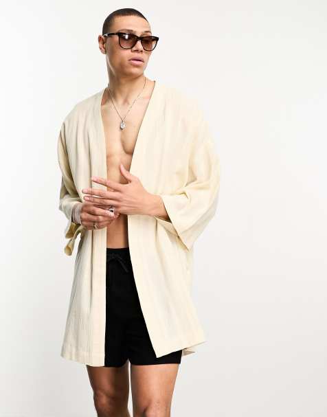 ASOS DESIGN textured linen blend kimono in neutral - view 1