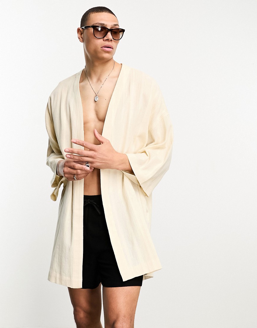 ASOS DESIGN textured linen look kimono in oatmeal-Neutral